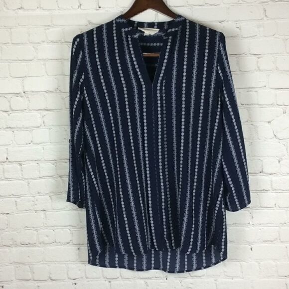 Sweet Wanderer crepe 3/4 sleeve draped pleated tunic size large navy pinstripe - Picture 2 of 11